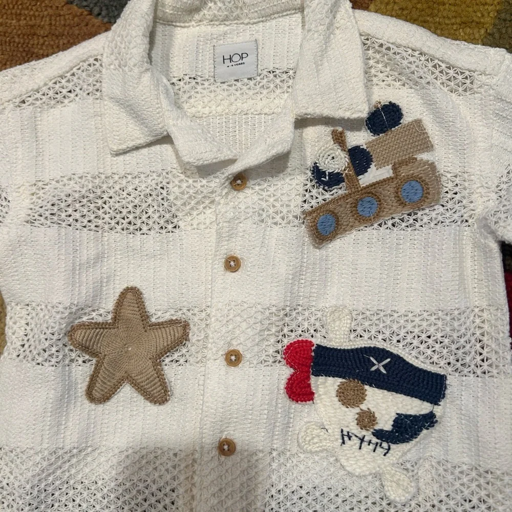 HOP Kids Off White Applique Detailed Knitted Cotton Shirt Button Down 4-5 Years